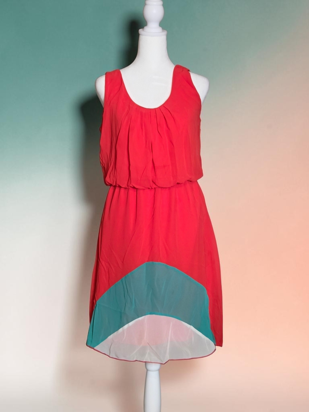 Enfocus Women’s 8 Red Sleeveless Blouson Festive Dress with Teal & White Accent